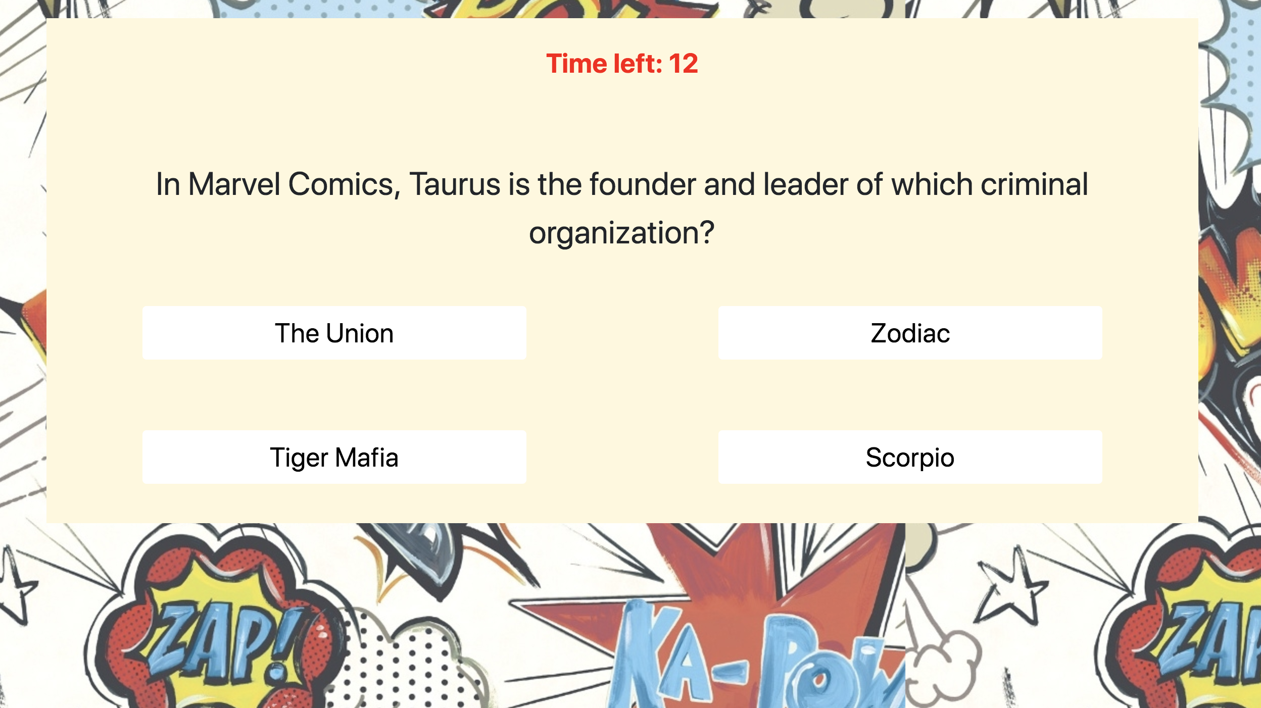 Screenshot of trivia game